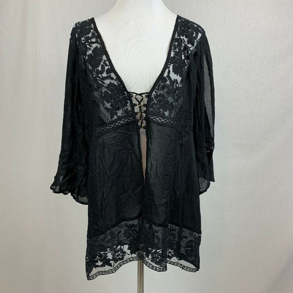 Topshop Sheer Coverup Caftan Black Floral - Picture 2 of 8